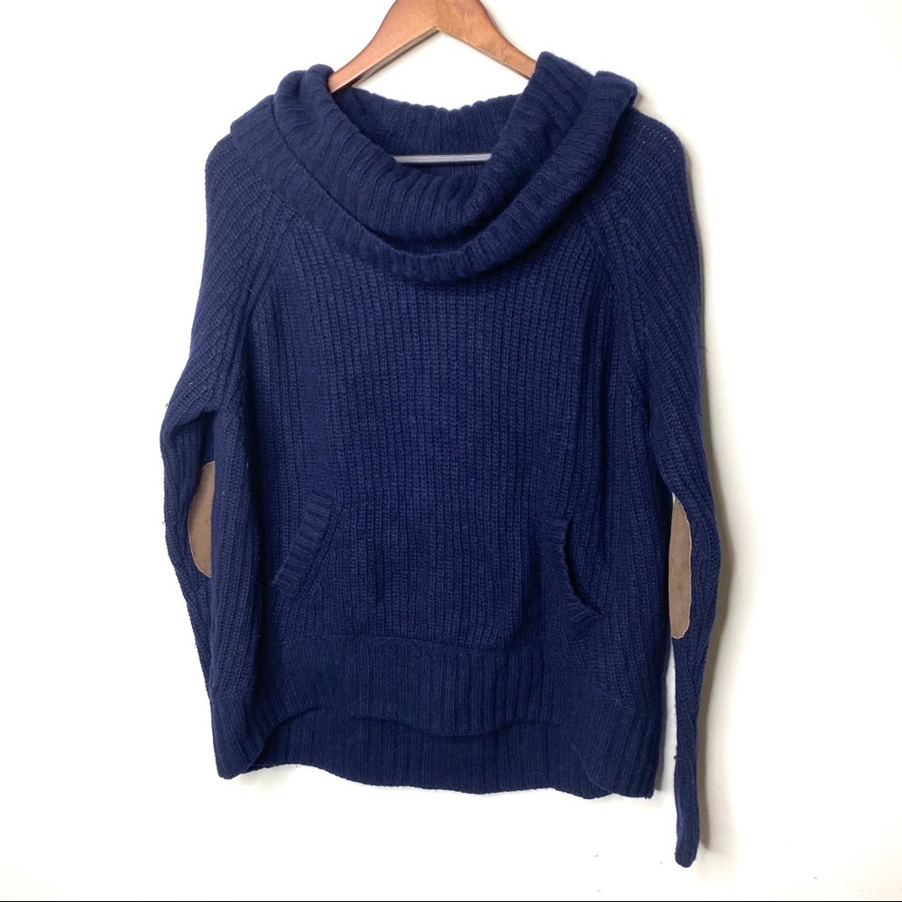 Autumn Cashmere navy Cawl neck knit sweater suede elbow patch size M B1